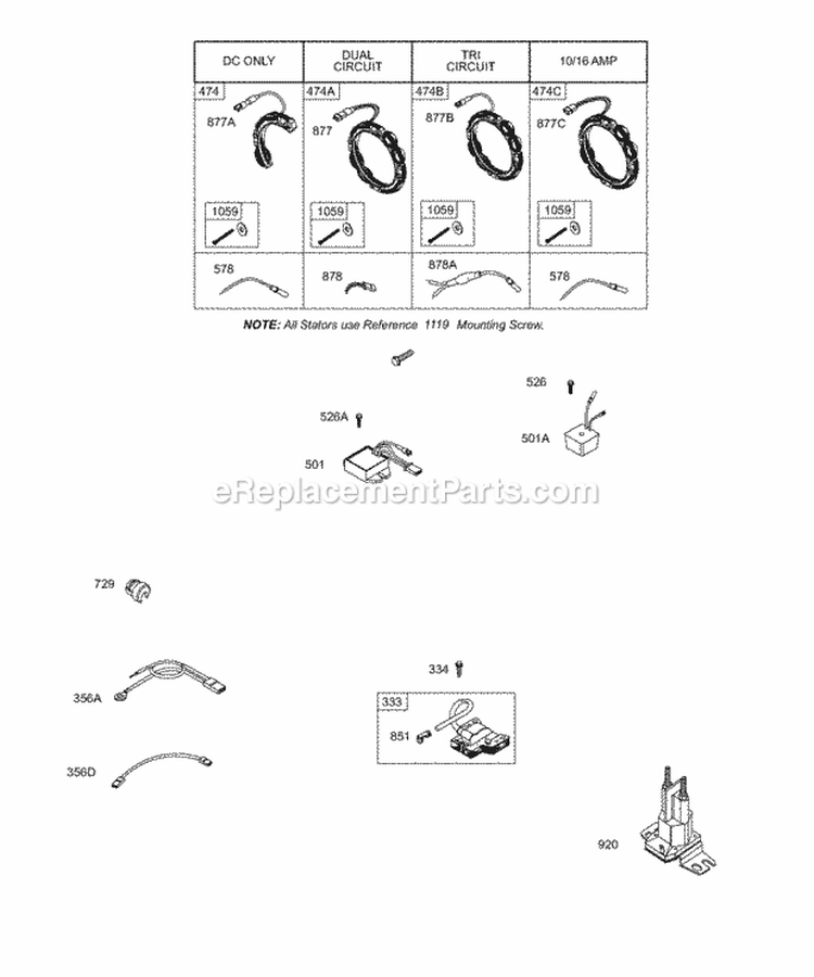 Alternator Wires Armature Diagram and Parts List for  Briggs and Stratton Engine